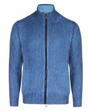 Blue Cashmere Ribbed Bomber Sweater