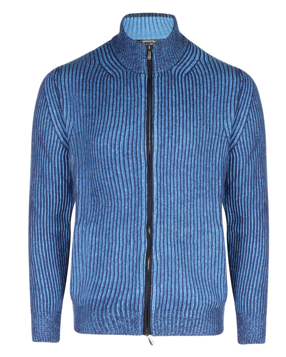 Blue Cashmere Ribbed Bomber Sweater