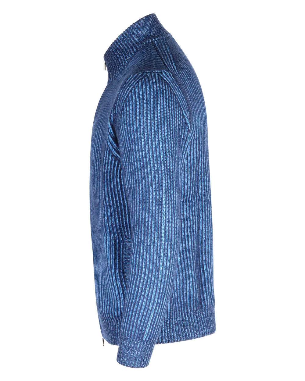 Blue Cashmere Ribbed Bomber Sweater