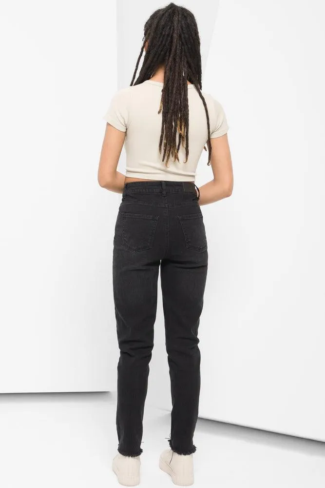 Frayed Hem Skinny Denim Jeans Black